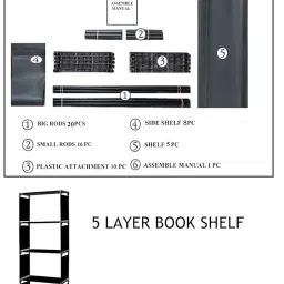 EXPOSURE 5 Layer Side Shelf Black Non Woven Fabric Cloth Collapsible Multipurpose Book Shelf (Pink) image 3