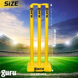Guru Cricket Wicket Set, Heavy Plastic Cricket Stumps Set - 3 Stumps + 2 Bails + 1 Base Stand (Yellow) image 1