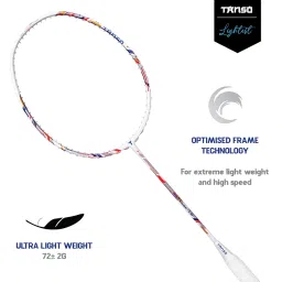 TANSO Methane 1.0 Full Graphite Ultra Light Weight Carbon Fibre Strung Badminton Racket with Free Full Racquet Cover (72 Grams, 32 Lbs Tension, Strung with Premium Strings) (White) image 2
