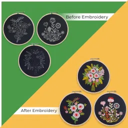 EmbroideryMaterial Combo of 3 DIY Floral Embroidery Kits for Beginners | Hand Embroidery Kit with Printed Fabric, Hoop, Needles, Threads & Instruction Sheet | Craft Kit for Adults & Kids (Black Fabric) image 3