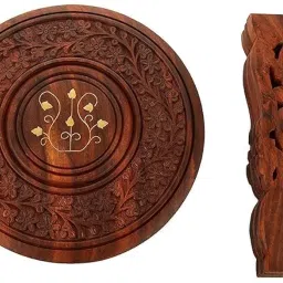 Zyvontra Handmade Wooden Round Table Vase Stool with 3 Leg Carving & Brass Folding Design Multipurpose Wooden Stool for Home Strong, Stylish & Lightweight Footrest, Step Stool & Living Room Décor image 5