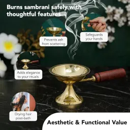 Ekhasa Brass Dhoop Dani Loban Burner with Wooden Holder for Home | Dhup Kapoor Dani for Puja | Sambrani Dhoop Holder | Dhuni Burner Samrani Dhoop Batti Stand for Pooja | Dhup Stand Incense Oud Burner image 3