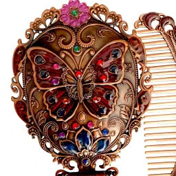 Vintage Butterfly Hand Mirror and Comb Set, Antique Copper with Gemstones, Victorian Style image 2