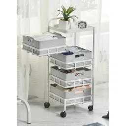 SEVVY - 4 Layer Kitchen Trolley with Removable Plastic Basket and Wheels - Kitchen Organizer for Fruits, Vegetables - White Frame - Gray Plastic Baskets image 5