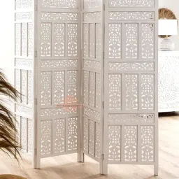 Foldable Wooden Room Divider Partition – Stylish Privacy Screen for Home, Office, Studio, Salon - Kangra Badrun, White (4 Panel) image 1