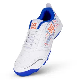 vector x Target+ Men’s Cricket Shoes with Synthetic Upper|PVC Outsole|Padded Ankle|EVA Insole Durable Sports Footwear for Grip, Comfort, Stability & Support on The Field (White-Blue, 9) image 1
