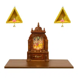 Himavat Wooden Wall Hanging Diya Stand for Pooja | Triangle Vilakku Madam with Brass Bell | Traditional Wall-Mounted Oil Lamp Holder for Temple & Mandir Decoration (Yellow – Pack of 2) image 2
