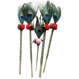 ASHGUJ Original Natural Peacock Feather Stick | Morpankhi with Golden Ribbon & Decorative Rose for Wedding Pooja Home Decor Items (Pack of 5) image 2