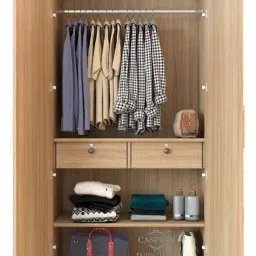 CASPIAN Furniture Rolex Light Colour 2 Door Wardrobe For Bedroom With 2 Drawers, 3 Shelves And Hanging Space For Clothes | Cupboard For Home/Clothes Organizer | Size 75 X 24 X 21 Inches, Brown image 2