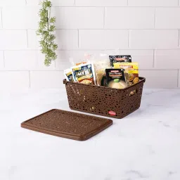 Nayasa Flower Storage Plastic Basket Medium (29 cm X 21 cm X 14 cm, Dark Brown) (SSB050) image 1