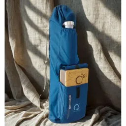 O2 Premium Yoga Mat Bag, 3 Pocket Block Style | Space for Yoga Block, Bottle, Zipper Pocket for valuables, Adjustable Double Straps, Oxford Blue Canvas image 5