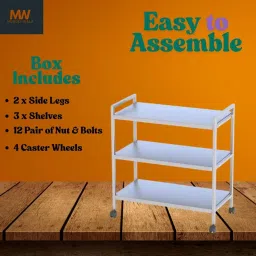 Mundet Wala 3-Tier Rolling Trolley with Wheels | Heavy Duty Metal Utility Cart | Matte White & Golden Organizer Shelf | Multipurpose Storage for Kitchen, Bathroom, Office & Home | 55 x 40 x 76 cm image 3