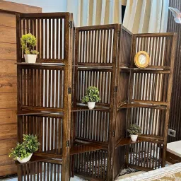 THE ART SHOPPEE Wooden Partition Divider for Living Room, Partition Wall, Privacy Divider, Freestanding Folding Panels for Changing Room/Poojah Room (6 Feet 5 Panel with 3 Shelve Brown) image 1