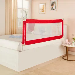 Amazon Brand - Supples Baby Bed Rail Guard | Red | 180 cm x 81 cm / 6 ft x 2.6 ft | See-Through Mesh | Baby Safety | Sturdy & Portable Bed Fence | Adjustable Height | Animal Print image 1