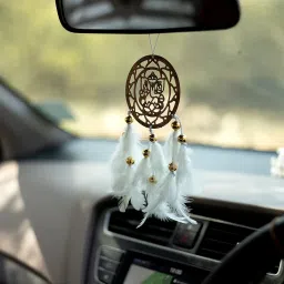 ILU® Car Hanging Dream Catcher Fancy Lord Ganesha Car Hanging Car Rear View Mirror Decor Ornament Ganeshji Car Hanging ~ Handmade Wall Hangings, Garden, Car, Outdoor, Bedroom, White Feathers image 2