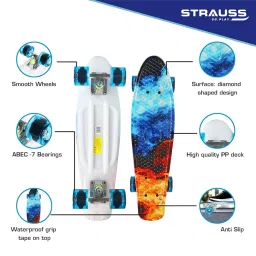 STRAUSS Cruiser FP Skateboard | Penny Skateboard | Casterboard | Hoverboard | Cruiser Fibre Skateboard | Anti-Skid Board with ABEC-7 High Precision Bearings | Ideal for 8 Years and Above (22 X 6 Inch) image 1