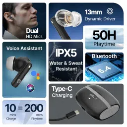 pTron Bassbuds Blaze in-Ear TWS Earbuds w/ 13mm Drivers, 50Hrs Playtime, AI-ENC Clear Calls, Bluetooth V5.4 Wireless Headphones, Touch Control, Voice Assistant, Type C Charging & IPX5 (Black & Grey) image 1