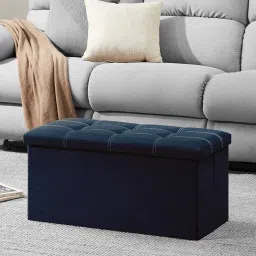 Folding Storage Ottoman, Long Shoes Sofa Bench, Fabric Linen Footrest Stool for Laundry, Storage Space, End of Bed Seat, Toys Storage Organizer Bin Box with Lidded Cover (76X38X38 CM, Blue) image 4