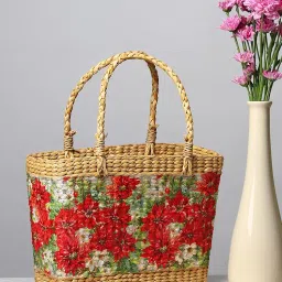 Habere India-All the Cultures Fabricating India Picnic Basket | Lunch Basket | Cane or Jute | Wicker for Gifting (Red Floral) image 5