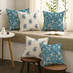 STITCHNEST Floral Decorative Blue and White Printed Poly Cotton Square Cushion Covers. (16 X 16 Inches, Set of 5) image 1