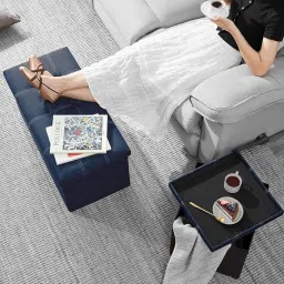 Folding Storage Ottoman, Long Shoes Sofa Bench, Fabric Linen Footrest Stool for Laundry, Storage Space, End of Bed Seat, Toys Storage Organizer Bin Box with Lidded Cover (76X38X38 CM, Blue) image 3