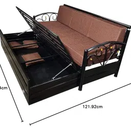 Royal Bed Manufacturer Single Size Matte Black Metal Sofa Cum Bed with Hydraulic Storage - 3 Seater | Brown (6X4) 3-Person Sofa image 1