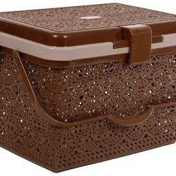 Nayasa Flower Picnic Basket | Plastic Multipurpose Basket with Lid | Sleek & Durable Organizer Basket with Lid | Ideal for Outdoors | Strong & Sturdy Handle | Dark Brown image 1