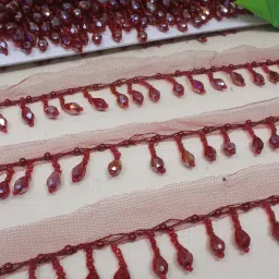 Inhika Premium Latkan Lace Border Crystal, Cutdana Hand Work, Gold Colour, 3 Meter, 1 Meter Colour (Red, White, Off White, marooon, Peach, (Maroon, 1 Meter) image 1