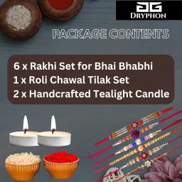 DRYPHON Combo 6 Pack Rakhi for Brother, Bhaiya, Bhai, Bhabhi | Premium Mauli Thread Rakhi Set with Roli Chawal Tilak Set | Rakhi Bracelet for Brother and Bhabhi with Tealight Candle for Aarti (RK601) image 2