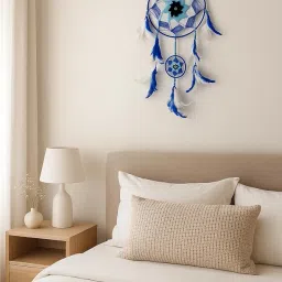 Handmade Dream Catcher, Blue and White with Crystal Beads, Cotton Thread Woven Design with 2 Evil Eye Beads. image 2