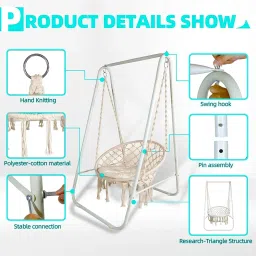 Inditradition Hammock Swing Chair with Metal Stand & Seating Pillow (Combo Pack) | Heavy-Duty Hanging Chair with Stand for Indoor & Outdoor (60x32 Inches, Elegant White) image 4