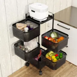flymore Metal Kitchen Trolley Square Onion Baskets for Storage,Kitchen Accessories Items&Vegetable Basket for Kitchen Organizer Items&Storage Portable Kitchen Accessories with Wheels(Black,Layer-2) image 3