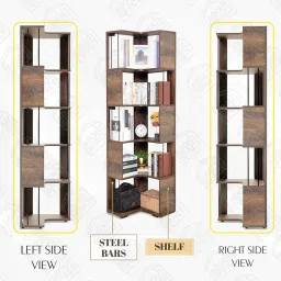 ABOUT SPACE 5ft Book Shelf - L Shape Corner Shelf for Living Room with Curved Edges & Steel Bar | Book Rack for Study Room, Bedroom Home Library Wooden Corner Rack (Walnut -L 46.5 x B 46.5 x H 160cm) image 4