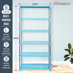 LIVINGBASICS 6 Layer Stainless Steel Multifunctional/Multipurpose Storage Shelves/Rack/Stand for Home/Office/Kitchen/Balcony/Bathroom/Study Room (Cyan Blue) image 1