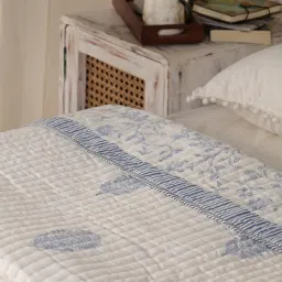 Peepul Tree Hand Block Printed Pure Cotton AC Blanket Single Bed | Beautiful Floral Cotton AC Quilt Jaipuri Razai | Reversible & Breathable AC Comforter | 60x90 inches | Single Bed (Offwhite & Blue) image 5