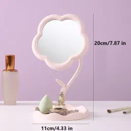 KUCHIT ENTERPRISE Flower-Shaped-IKERIA-Makeup-Mirror Rotatable Makeup Mirror with Tray Table Vanity Mirror Cute Flower Shaped Mirror for Tabletop Bedroom Bathroom Living Room (Multicolour) (A2) image 1