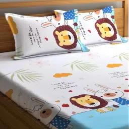 Famyo King Size Bed Sheet Cotton Set for Kids – 3pc Bedding Combo with Fitted Bedsheet & 2 Pillow Covers with Zip | Bedsheet for Girls | Gift for Kids (Sky Blue Lion) image 5