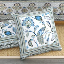 HOKIPO 100% Cotton Jaipuri Gold Hand Block Printed 300TC Design Diwan Set 8Pcs, Size: Single bedsheet (60 * 90 Inch) / 2 Bolster Pillow Covers(16 * 23 Inch)/ 5 Pillow Covers(16 * 16 Inch) (IN-609-D5) image 2