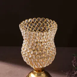 Sirevest Crystal Rose Blossom Accent, Decorative Vase Showpiece, Iron with Crystal Beads, Gold Plated Finish, 14x14x24 cm, Contemporary Romantic Design image 1