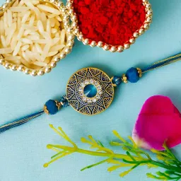 eCraftIndia Golden Blue Beads Diamond Designer Rakhi for Brother | Raksha Bandhan Rakhi for Bhaiya Bhabhi Bhai Kids | Best Bro Ever Fridge Magnet | Roli Chawal Pack image 1