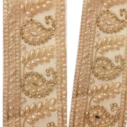 Premium Pearl Embroidery Lace Border for Sarees, Dupattas, Dresses & Craft | Golden Zari Stone Work Decorative Trim | Fabric Lace for Blouse, Lehenga & Kurti Decoration (2 Meter) (Design 2) image 2