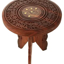 Zyvontra Handmade Wooden Round Table Vase Stool with 3 Leg Carving & Brass Folding Design Multipurpose Wooden Stool for Home Strong, Stylish & Lightweight Footrest, Step Stool & Living Room Décor image 2
