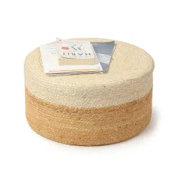 Habere India-All the Cultures Fabricating India Ottoman | Pouf | Ottomans for Living Room | Nesting Stool | Jute pouffes for Sitting - White, Round (L: Dia49xH25 CM) image 3