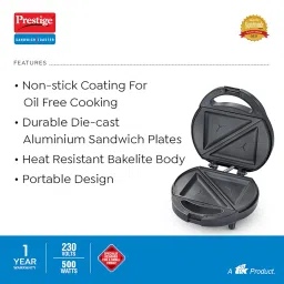 Prestige PSSP Single Sandwich Toaster with Fixed Sandwich Plate(500W, Black, Non-Stick) image 2
