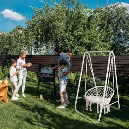 Inditradition Hammock Swing Chair with Metal Stand & Seating Pillow (Combo Pack) | Heavy-Duty Hanging Chair with Stand for Indoor & Outdoor (60x32 Inches, Elegant White) image 1