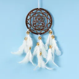 ILU® Car Hanging Dream Catcher Fancy Lord Ganesha Car Hanging Car Rear View Mirror Decor Ornament Ganeshji Car Hanging ~ Handmade Wall Hangings, Garden, Car, Outdoor, Bedroom, White Feathers image 1