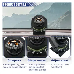 Car Compass, Car Dashboard Compass Ball with Slope Meter, Adjustable Night Vision Compass, Universal Car Accessories for Car, Boat, Truck image 2