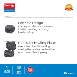 Prestige PSSP Single Sandwich Toaster with Fixed Sandwich Plate(500W, Black, Non-Stick) image 3