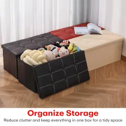 PRIME PICK Leather Storage Stool – Multi-Functional Foldable Storage Ottoman with Cushion Seat, Sturdy & Durable, Perfect for Living Room, Bedroom & Entryway (Black image 4