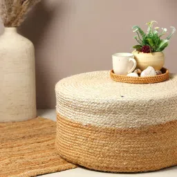 Habere India-All the Cultures Fabricating India Ottoman | Pouf | Ottomans for Living Room | Nesting Stool | Jute pouffes for Sitting - White, Round (L: Dia49xH25 CM) image 2